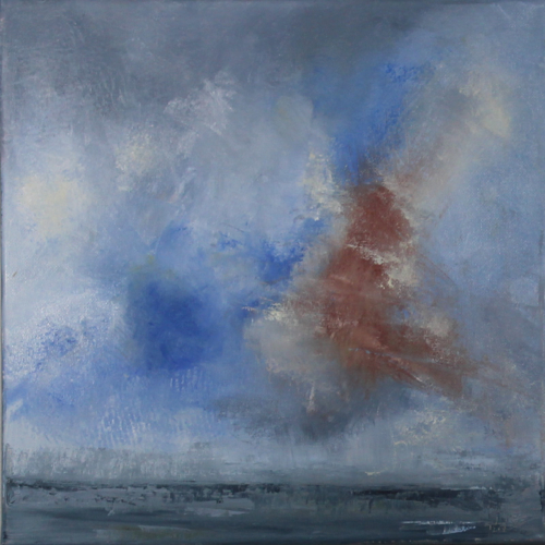 Red Skis at Night oil, 12" x 12"