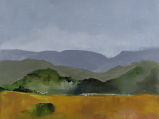 abstract oil painting of a landscape in gray, blue, green and yellow ochre