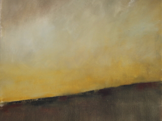 landscape oil painting with yellow sky and brown-green ground