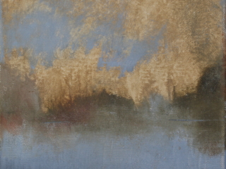 abstract oil landscape painting in blues and yellows
