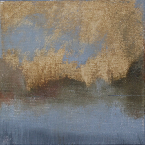 abstract oil landscape painting in blues and yellows