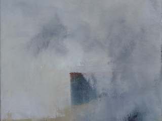 abstract oil painting of a foggy shore with a building