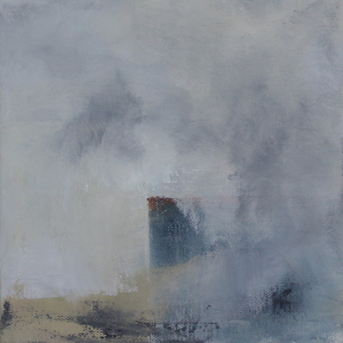 Foggy Morning Rockport oil, 8" x 8" abstract oil painting of a foggy shore with a building