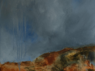 abstract oil painting of a landscape in blues and earthtones
