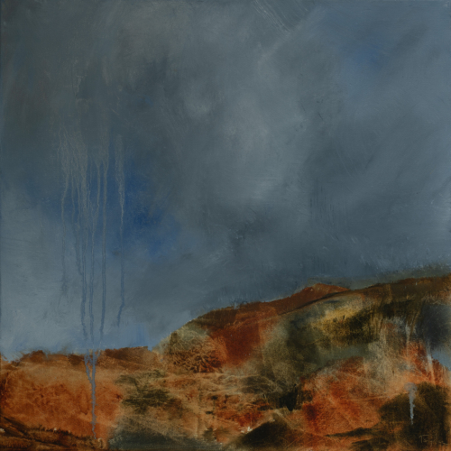Ancient History oil, 20"x20"x1.5" <a href="https://fineartamerica.com/featured/ancient-history-tanya-hayes-lee.html">PRINTS</a> abstract oil painting of a landscape in blues and earthtones