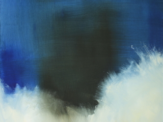 A wave crashes on the shore. Oil painting in white and deep blues and greens.