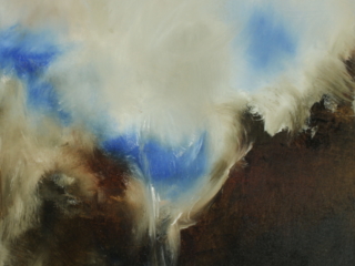 abstract painting of sky in blue, cream and brown
