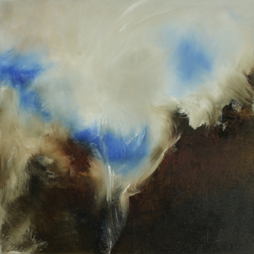 abstract painting of sky in blue, cream and brown
