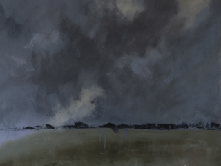 abstract oil painting of a landscape in blues and greens
