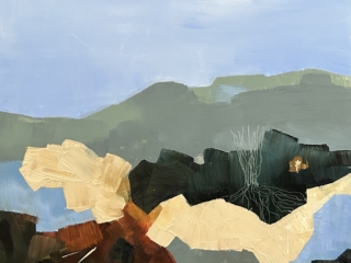 Abstract oil painting of a modern landscape with geometric brushstrokes in soft blues, deep greens, warm ochres, and earth tones, evoking hills, water, and sunlit terrain in a contemporary impressionist style.