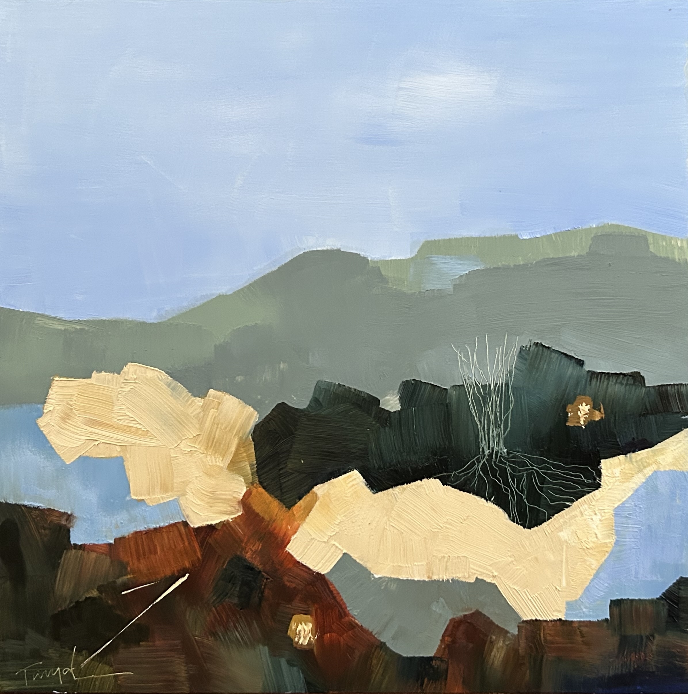 Abstract oil painting of a modern landscape with geometric brushstrokes in soft blues, deep greens, warm ochres, and earth tones, evoking hills, water, and sunlit terrain in a contemporary impressionist style.