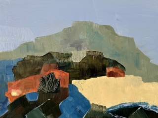 Abstract landscape painting with bold color blocks and textured brushstrokes; deep greens and blues suggest rolling hills and water, while warm ochres and rust tones evoke earth and sunlight. A soft ridge rises into a pale sky, capturing nature&rsquo;s rhythm in a dreamlike, atmospheric scene.