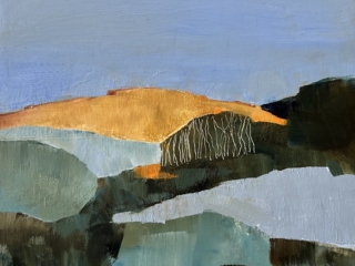 Contemporary semi-abstract landscape oil painting featuring soft blue sky, golden hills, deep green terrain, and geometric brushstrokes evoking tidal pools and layered natural scenery.