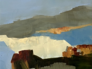 Contemporary abstract oil painting featuring a modern landscape with textured brushstrokes in soft blue sky, muted gray hills, warm ochres, earthy browns, and deep greens, blending natural scenery with geometric abstraction.