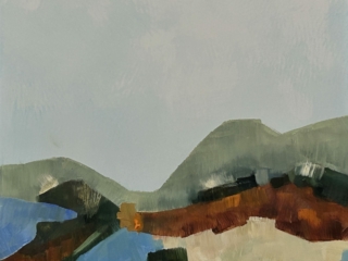 Wanderlust is an abstract landscape painting with soft green hills, pale blue sky, earthy rust tones, and bold blue brushstrokes, modern nature-inspired wall art."