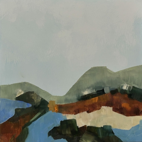 Wanderlust, oil on cradled panel, 10x10x2" Available at Available at <a href="https://www.alpersfineart.com/">Alpers Fine Art</a>, 8 Dock Square, Rockport,  MA Wanderlust is an abstract landscape painting with soft green hills, pale blue sky, earthy rust tones, and bold blue brushstrokes, modern nature-inspired wall art."